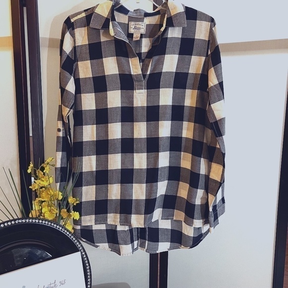 G.H. BASS & CO Women's Houndstooth Navy Blue Grey White V Neck Tunic Size S NWOT - Picture 1 of 7